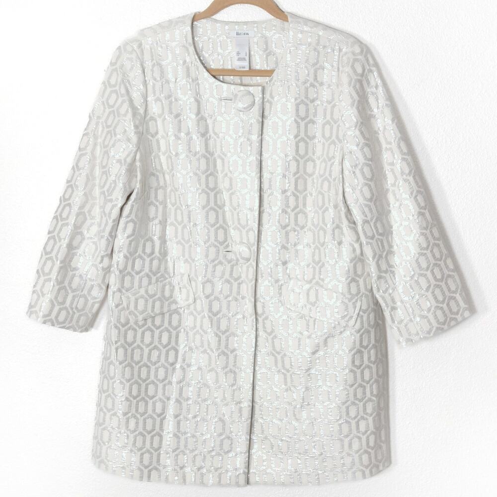 Liz & Co Silver Cream Driving Coat Size L Retro Classic Tailored Art Deco